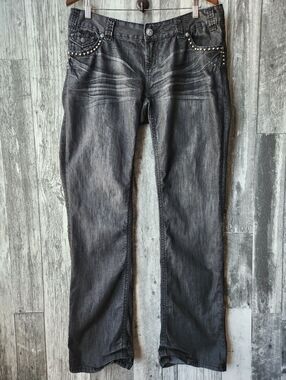 Rock & Roll Cowgirl Low Rise Black Washed Studded Women's Jeans 34X36